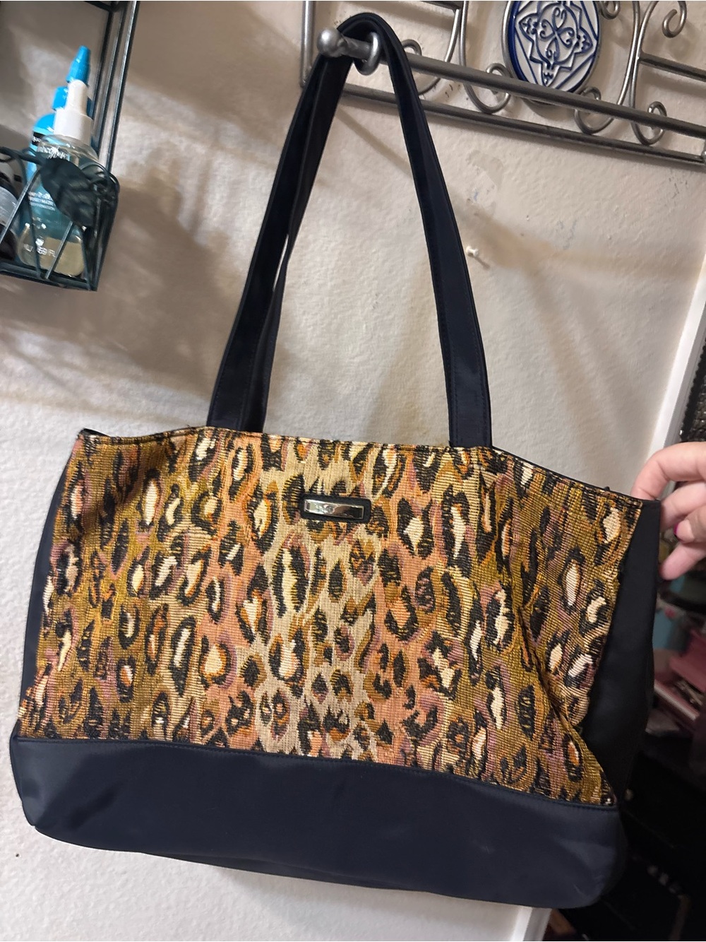 Vintage Leopard Print Tapestry Tote Bag with Black Trim - Women Bags